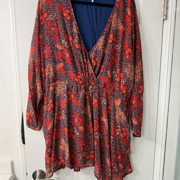 Free People Red and Blue Floral Long Sleeve Mini Dress Large - Picture 5 of 6